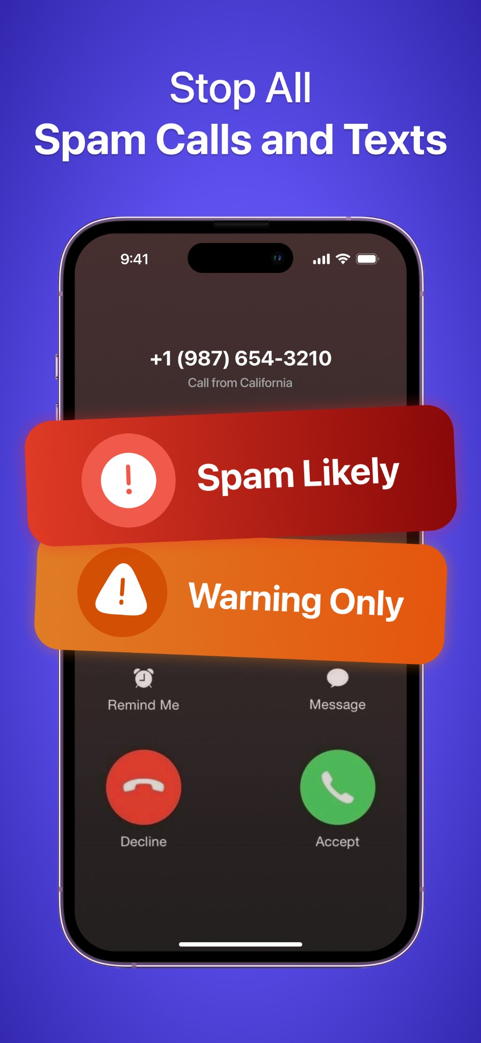 Spam call and text warning screen