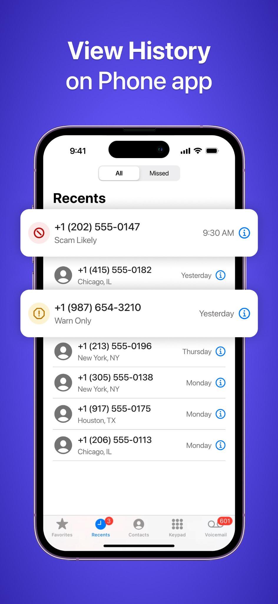 Spam call history in the Phone app