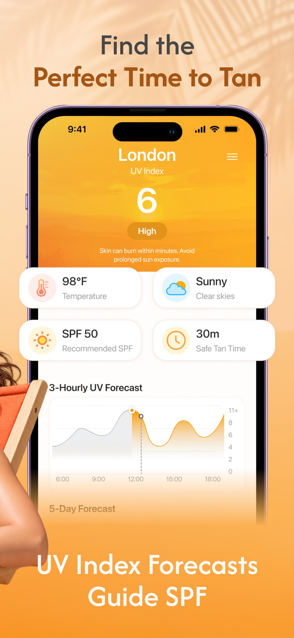 UV forecast, SPF guidance, and recommended tanning time